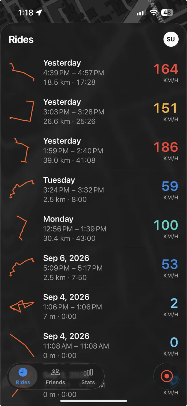 Ryval’s Rides list showing recent Rides, each with its route shape, time, distance and top speed