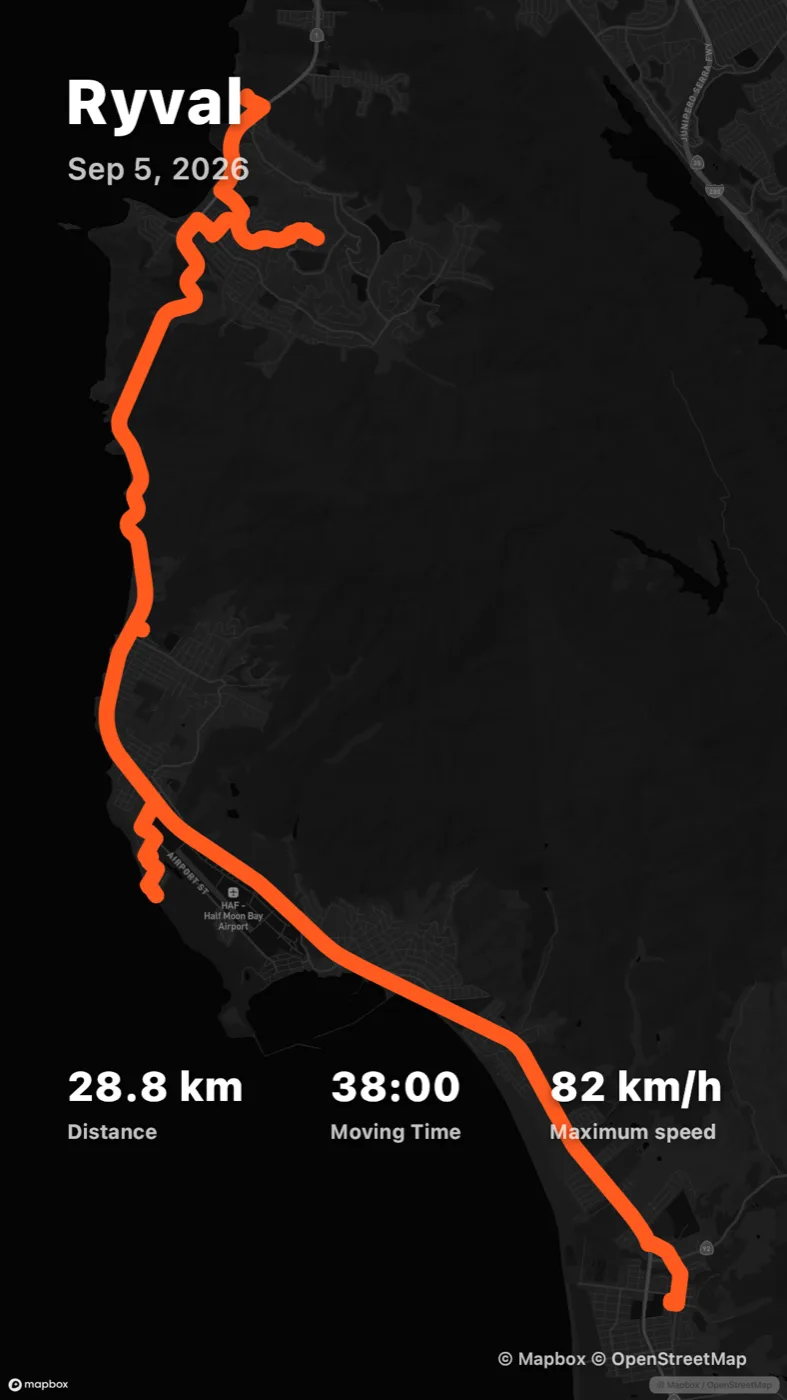 A Map Card: an orange coastal route over a dark map with 28.8 km, 38:00 Moving Time and 82 km/h